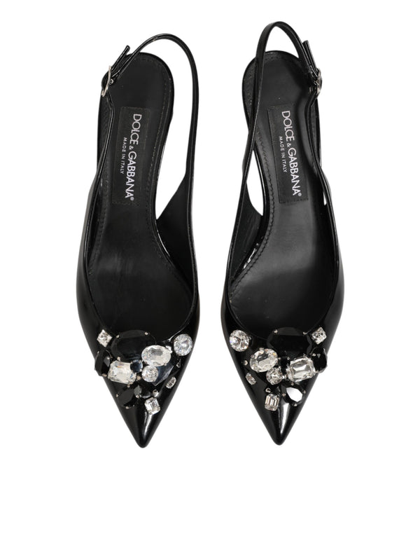 Black Patent Leather Crystal Slingback Shoes