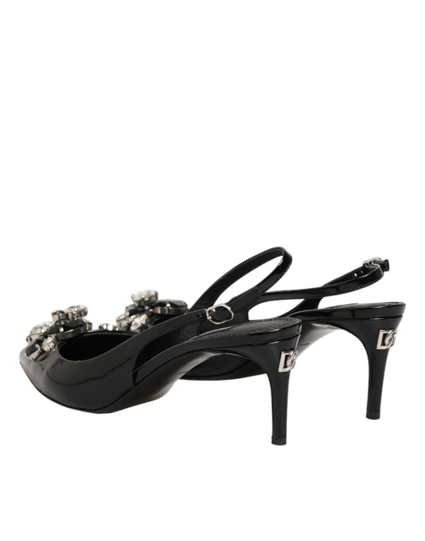 Black Patent Leather Crystal Slingback Shoes