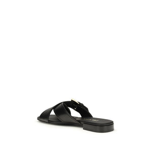 Black Calf Leather Bos Taurus Flat Sandals