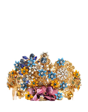 Gold Brass Crystal Floral Hortensia Crown Headband Tiara
