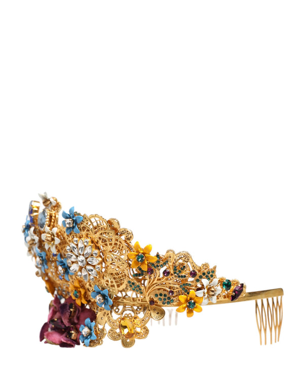 Gold Brass Crystal Floral Hortensia Crown Headband Tiara
