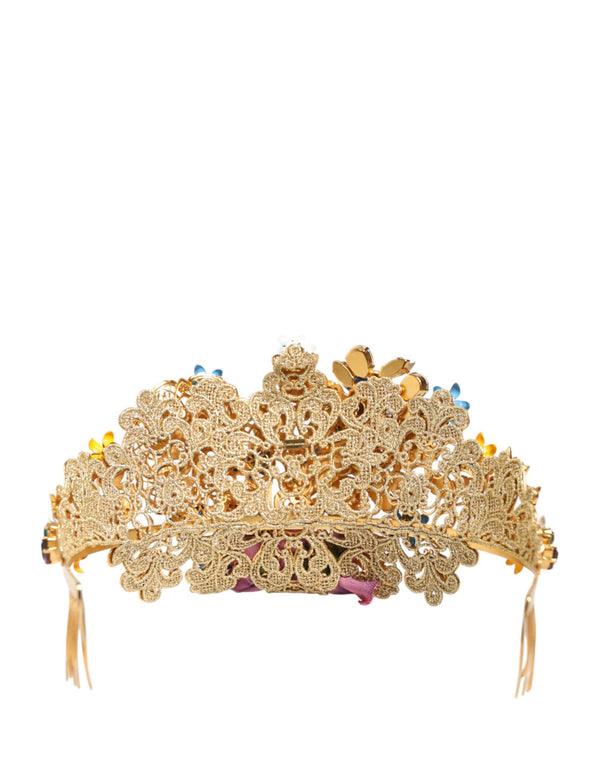 Gold Brass Crystal Floral Hortensia Crown Headband Tiara