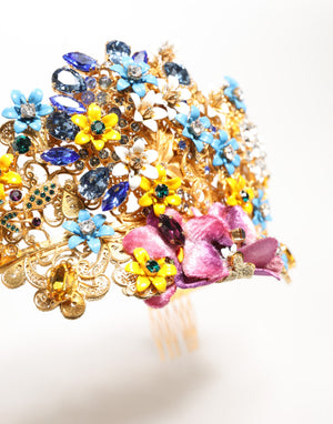 Gold Brass Crystal Floral Hortensia Crown Headband Tiara