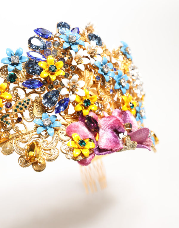 Gold Brass Crystal Floral Hortensia Crown Headband Tiara