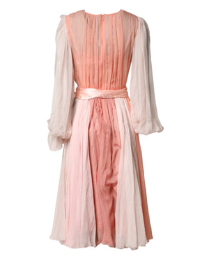 Pink Silk Tulle Long Sleeve V-neck Dress