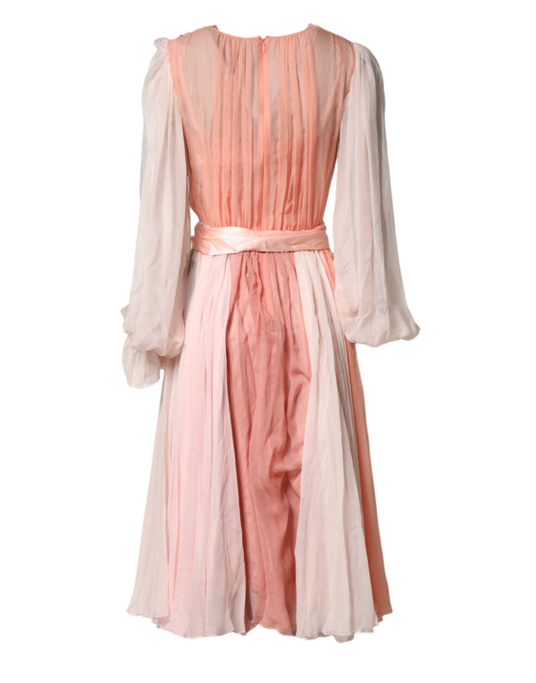 Pink Silk Tulle Long Sleeve V-neck Dress