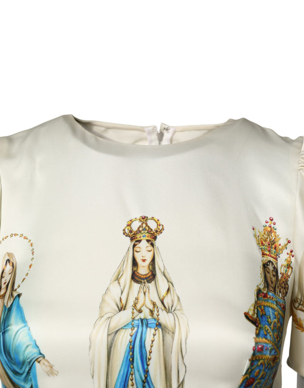 Beige Madonne Print Silk Short Sleeve Dress
