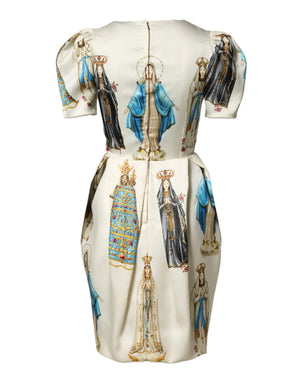Beige Madonne Print Silk Short Sleeve Dress