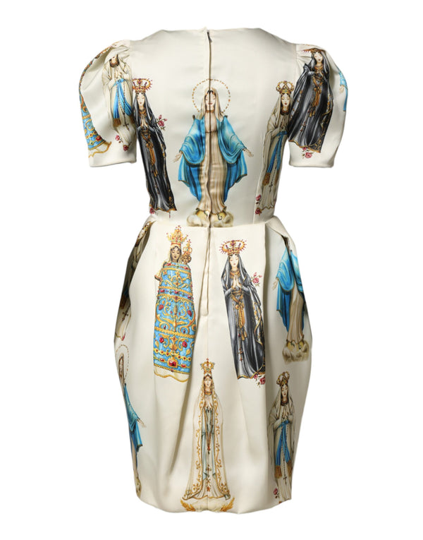 Beige Madonne Print Silk Short Sleeve Dress