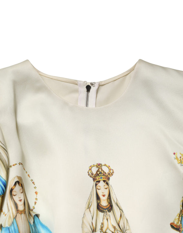Beige Madonne Print Silk Short Sleeve Dress