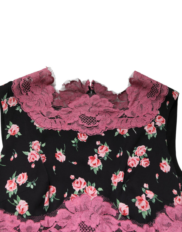 Black Pink Floral Lace Silk Sheath Dress