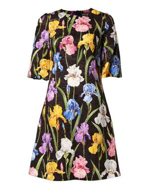 Black Floral Brocade A-line Mini Dress