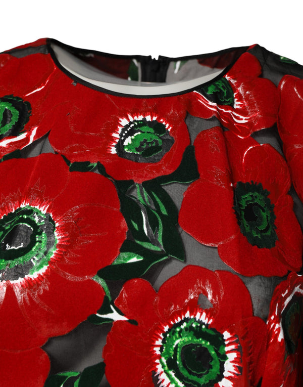 Red Floral Print Nylon A-line Midi Dress