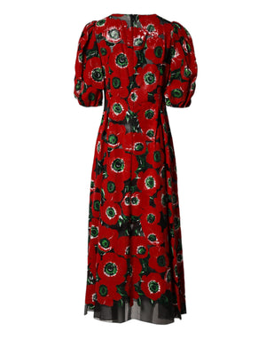 Red Floral Print Nylon A-line Midi Dress