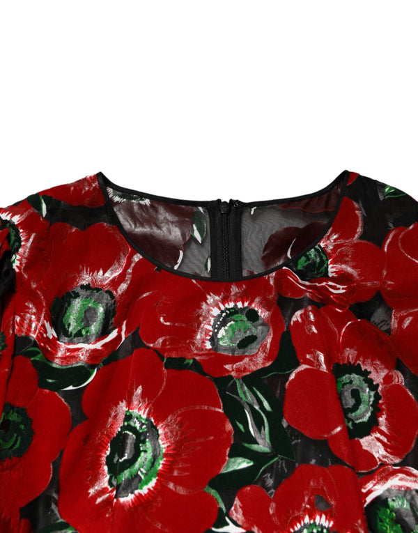 Red Floral Print Nylon A-line Midi Dress