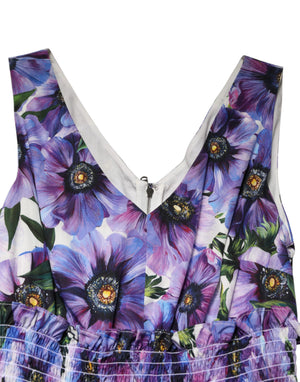 Purple Anemone Print Pleated Midi Dress