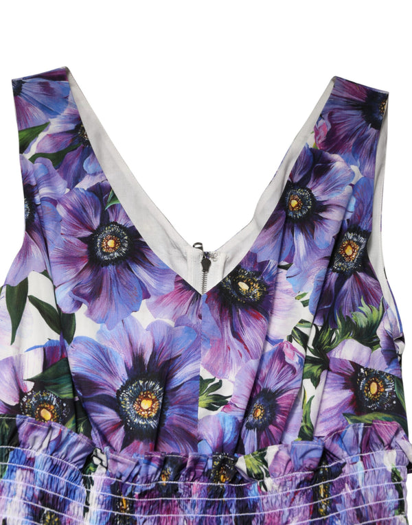 Purple Anemone Print Pleated Midi Dress