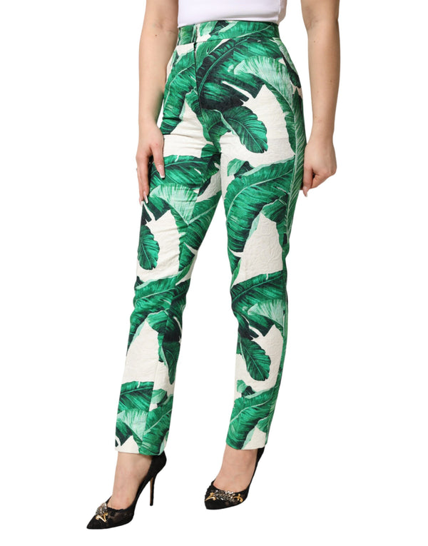 White Green Leaf High Waist Trousers Pants
