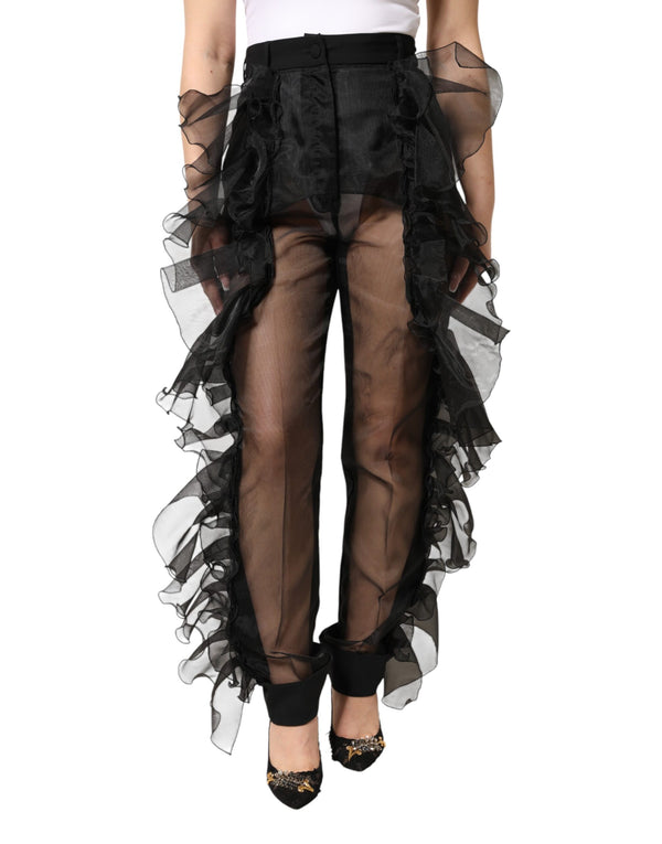 Black High Waist Tulle Wool Trouser Pants