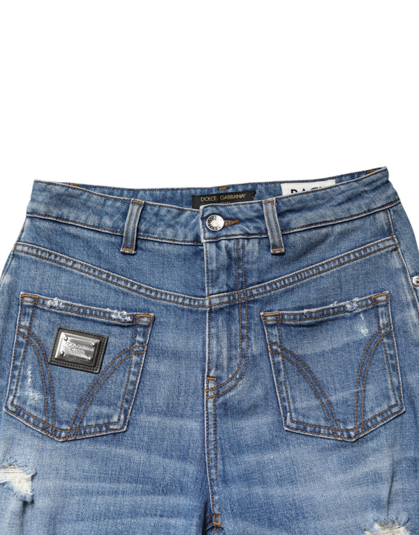 Blue Distressed Washed Cotton Denim Jeans