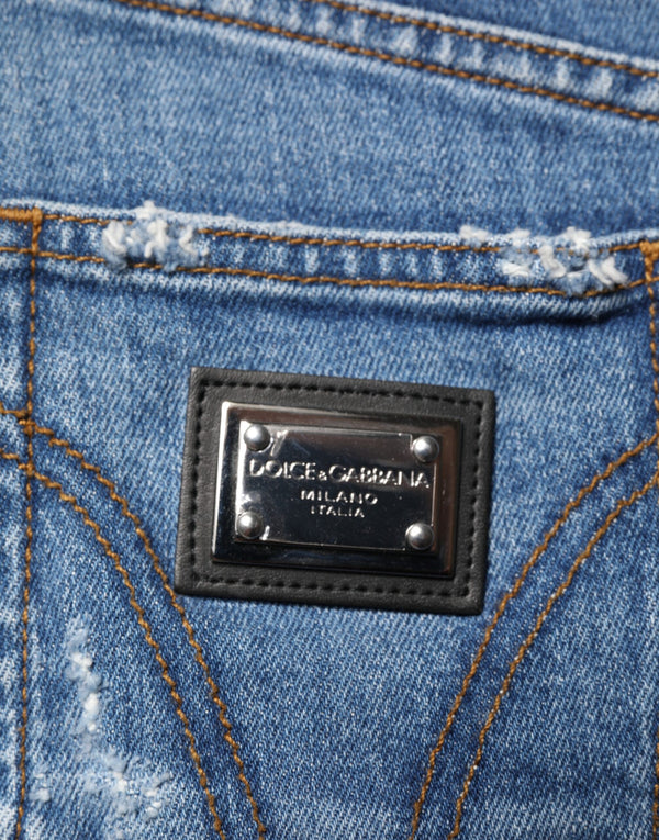 Blue Distressed Washed Cotton Denim Jeans