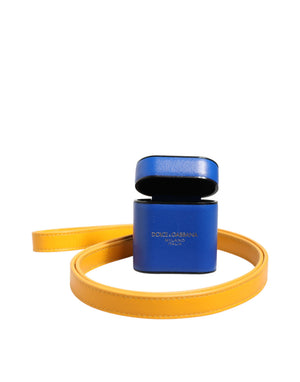 Blue Yellow Calfskin Leather Logo Strap Men Airpods Case