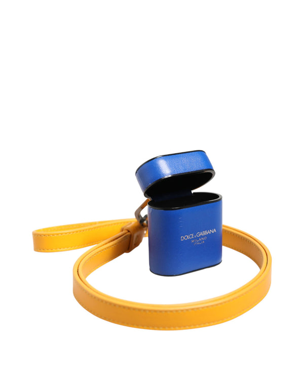 Blue Yellow Calfskin Leather Logo Strap Men Airpods Case