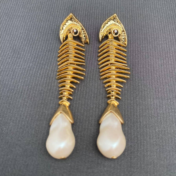 18K Gold-Plated Pearl Fishbone Drop Earrings