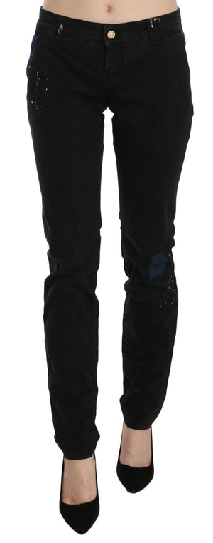 Black Low Waist White Paint Skinny Denim Pants Jeans
