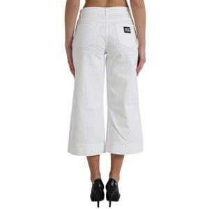 Wide Leg White Cotton Cropped Denim Jeans
