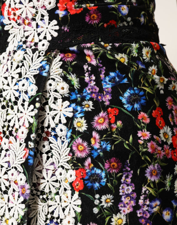 Black Floral Lace Cotton HighWaist Mini Skirt