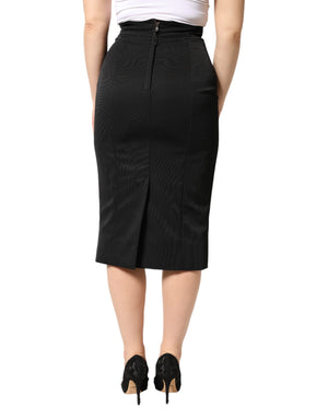 Black Cotton Pencil Cut High Waist Midi Skirt