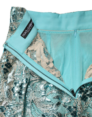 Blue Floral Brocade High Waist Mini Skirt