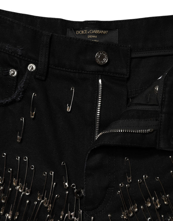 Black Pins Cotton Denim Hot Pants Shorts