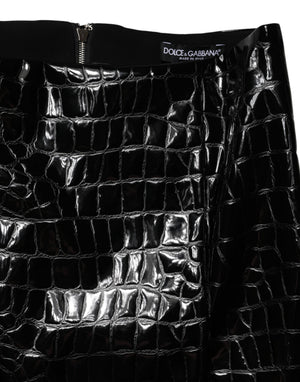 Black Croc Faux-Leather Mid Waist Midi Skirt