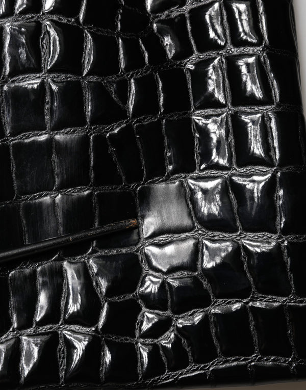 Black Croc Faux-Leather Mid Waist Midi Skirt