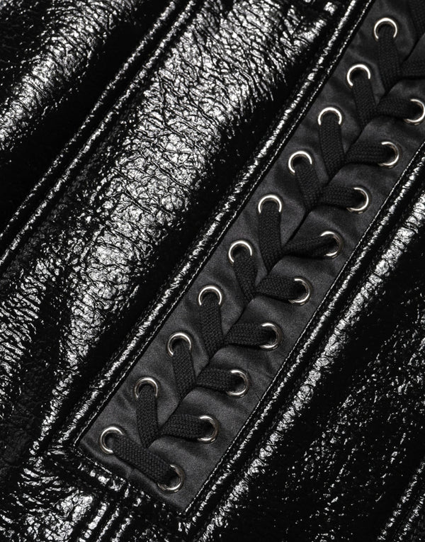 Black Nylon Eyelet Detail Coated Mini Skirt