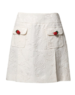 White Floral Brocade High Waist Mini Skirt