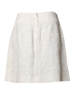 White Floral Brocade High Waist Mini Skirt