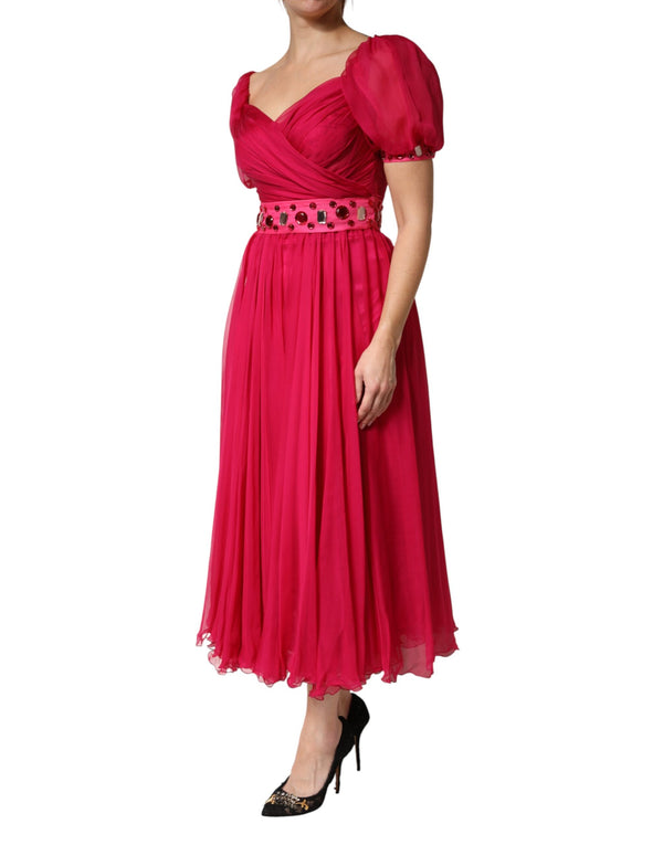 Pink Silk Embellished A-line Midi Dress