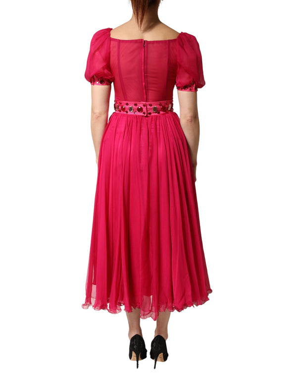 Pink Silk Embellished A-line Midi Dress