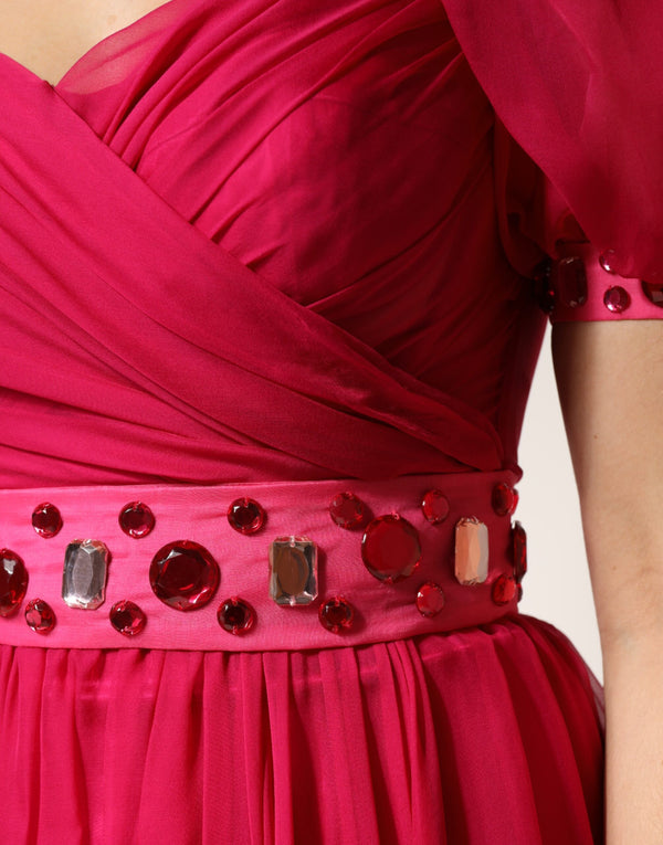 Pink Silk Embellished A-line Midi Dress
