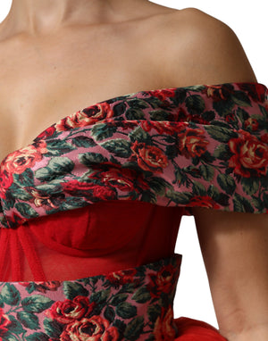 Red Floral Off Shoulder A-line Gown Dress