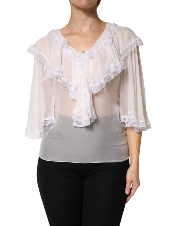 White Ruffles Lace Long Sleeve Blouse Top