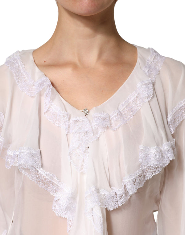 White Ruffles Lace Long Sleeve Blouse Top
