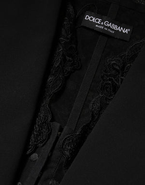 Black Lace V-neck Slit Hem Gathered Waist Vest Jacket