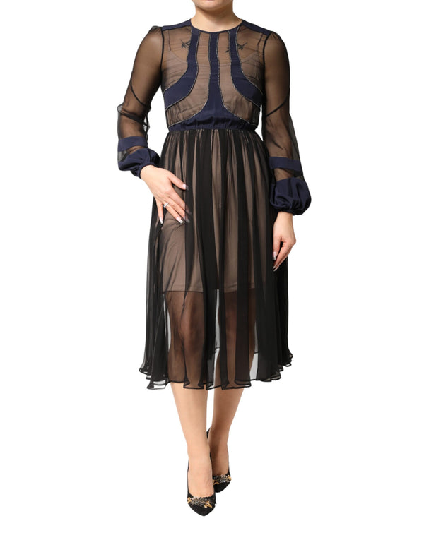 Blue Long Sleeves Sheer Silk Sheath A-line Midi Dress