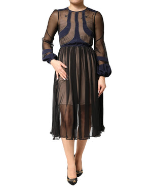 Blue Long Sleeves Sheer Silk Sheath A-line Midi Dress