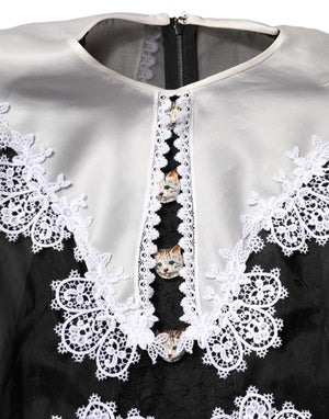 Black White Silk Macrame Lace Midi Dress