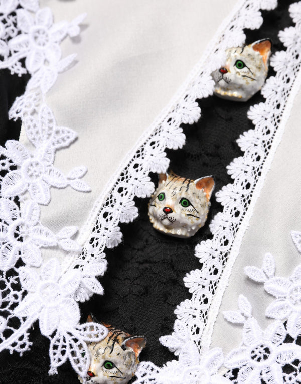 Black White Silk Macrame Lace Midi Dress